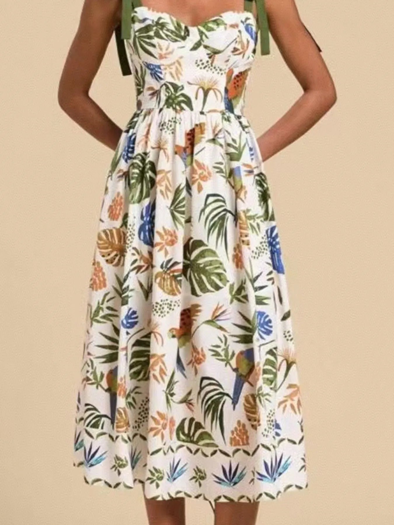 Tropical Print Tie-Shoulder Sweetheart Neck Midi Dress - Tigbul's Variety Fashion Shop