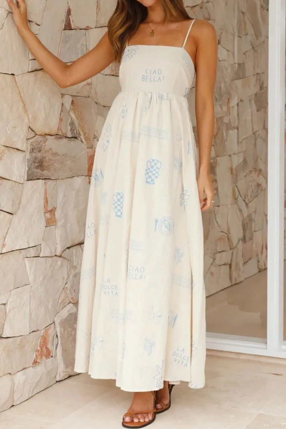 Cutout Back Printed Square Neck Maxi Cami Dress - Tigbul's Variety Fashion Shop