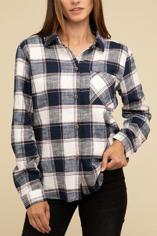 Cotton Plaid Shacket With Front Pocket - Tigbul's Variety Fashion Shop