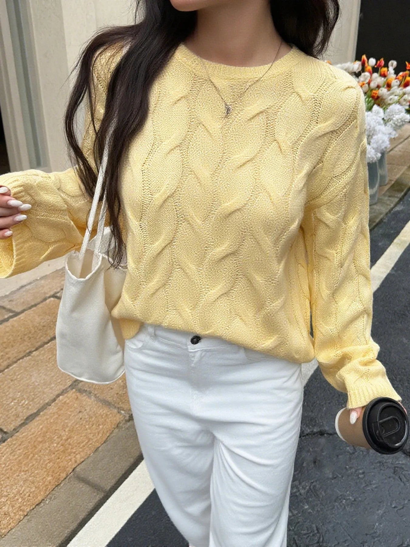 Cable Knit Long Sleeve Sweater - Tigbul's Variety Fashion Shop
