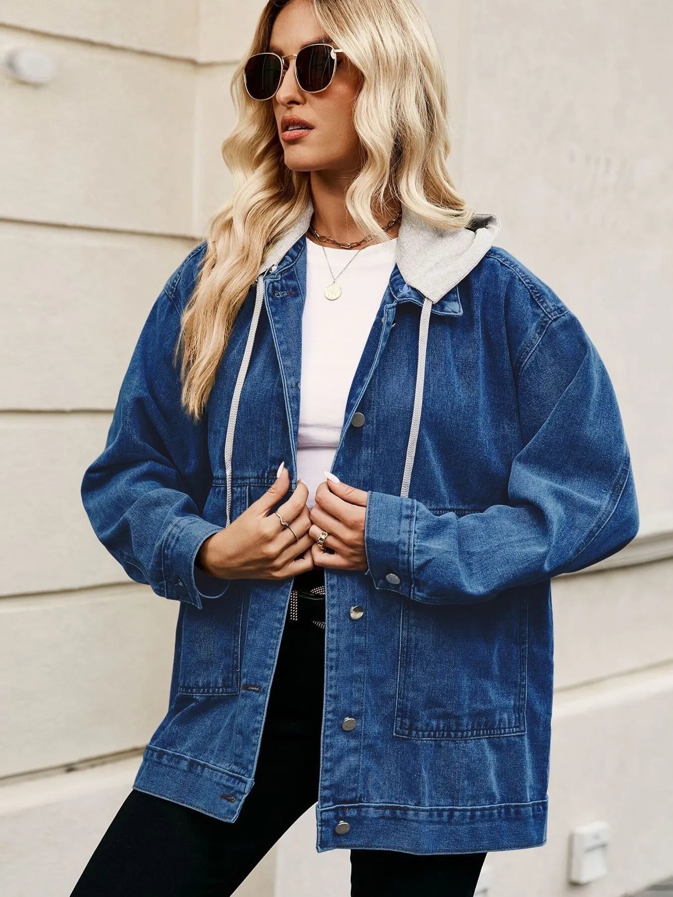 Oversized Button Up Denim Jacket with Hood - Tigbul's Variety Fashion Shop