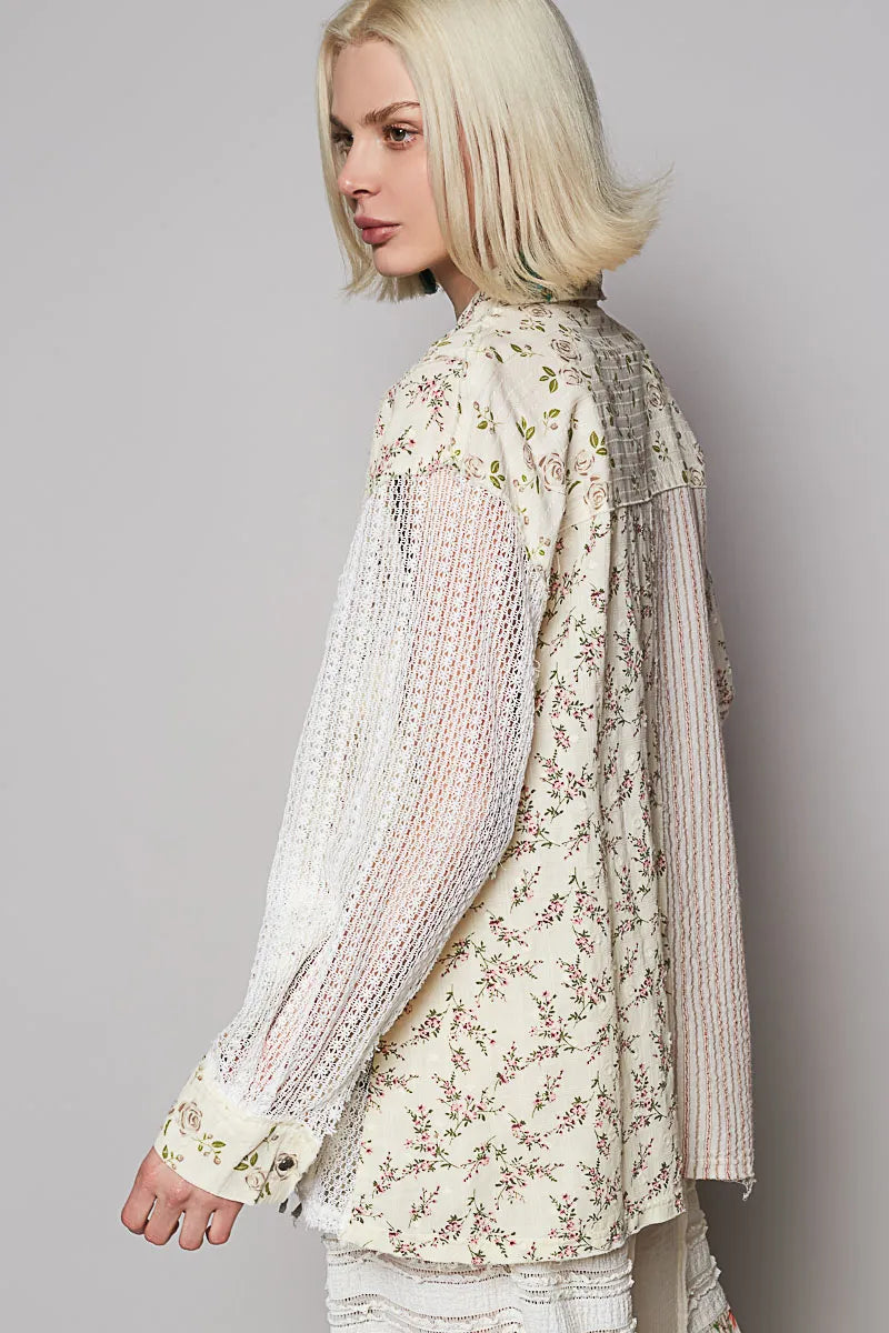 POL Lace Patchwork Floral Button-Up Shirt - Tigbul's Variety Fashion Shop