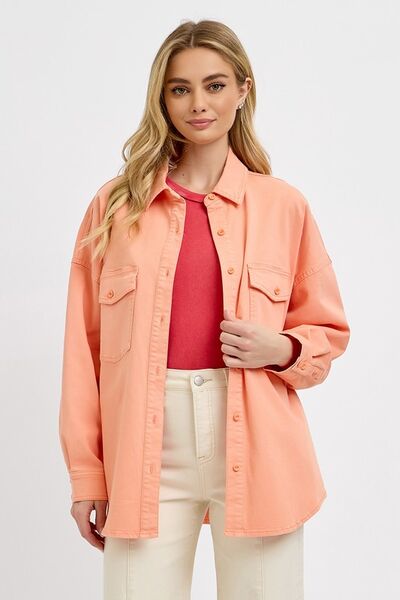 Pink Button Down Long Sleeve Denim Shacket - Tigbul's Variety Fashion Shop