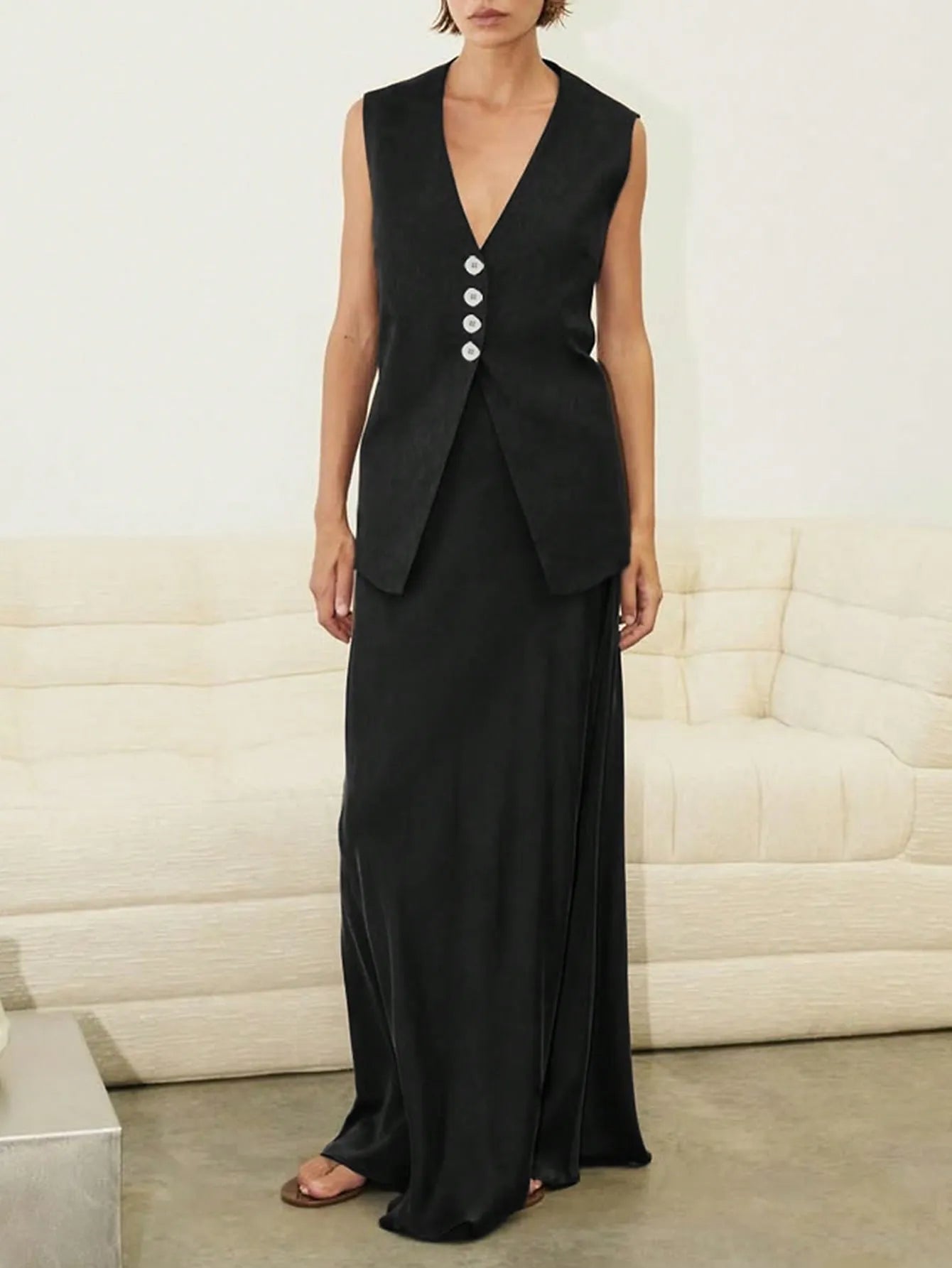 V-Neck Button Detail Vest and Skirt Two-Piece Set - Tigbul's Variety Fashion Shop