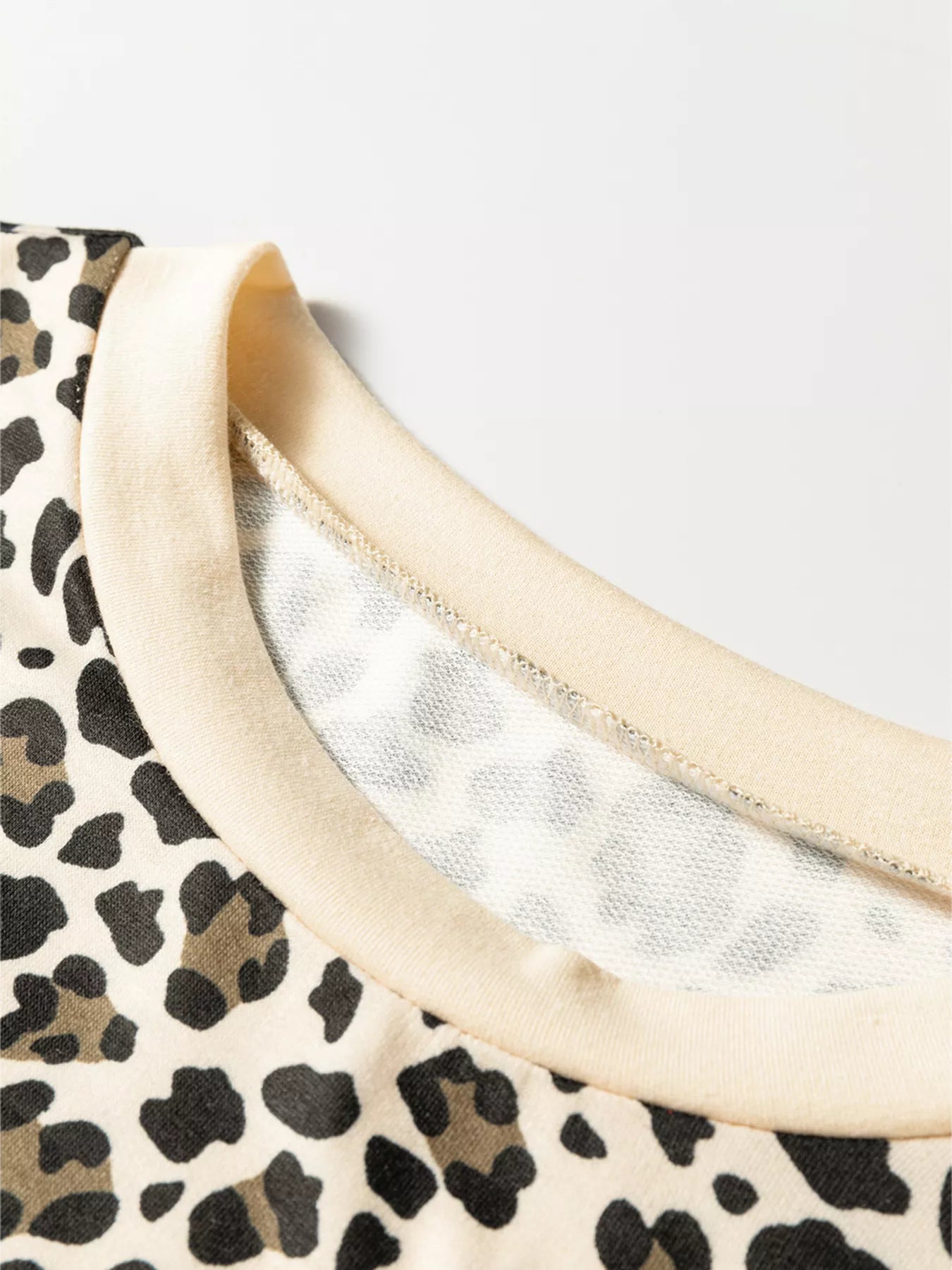 Leopard Print Contrast Trim Long Sleeve Pullover and Drawstring Shorts 2pcs Outfit - Tigbul's Variety Fashion Shop