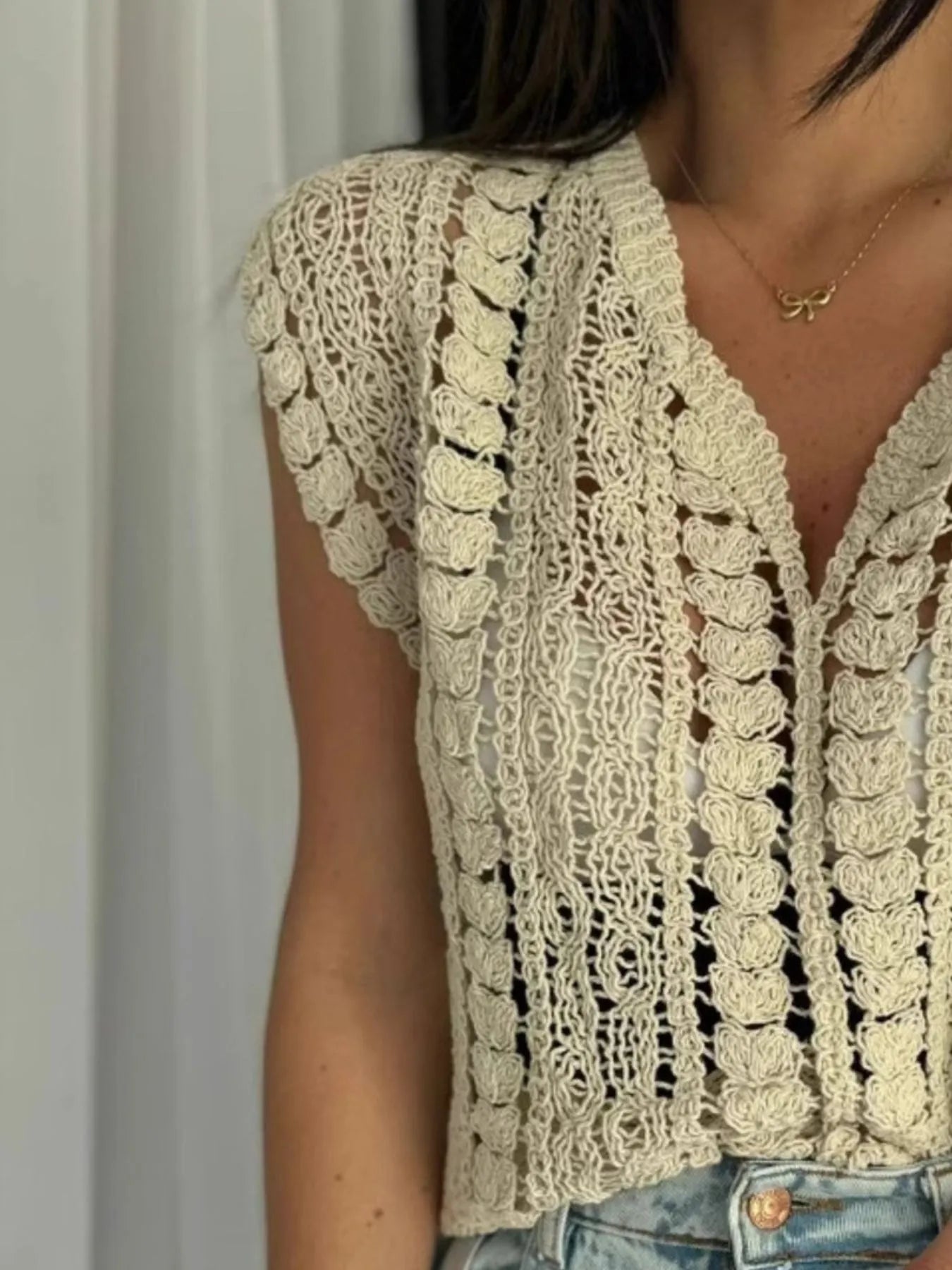 Crochet Knit V-Neck Sweater Vest - Tigbul's Variety Fashion Shop