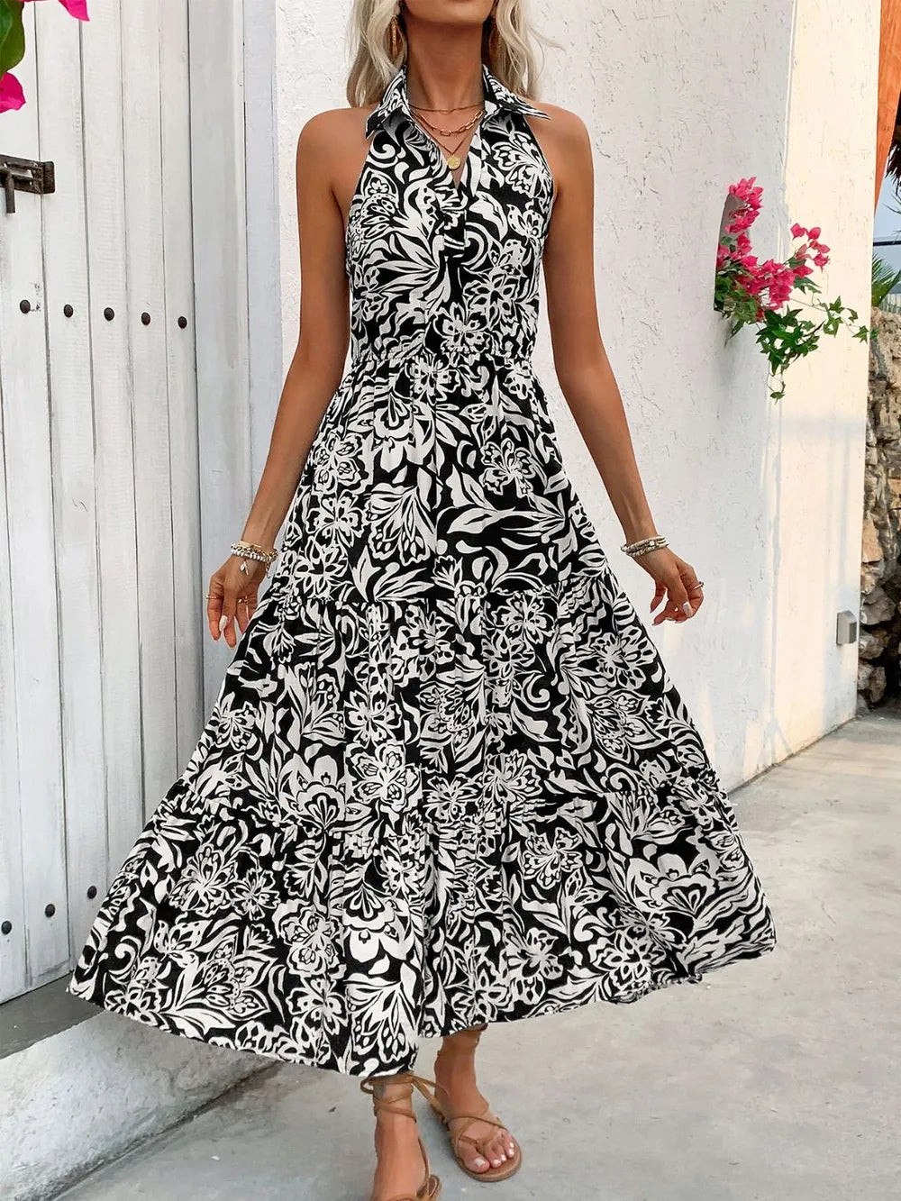 Backless Smocked Printed Sleeveless Black Midi Dress - Tigbul's Variety Fashion Shop