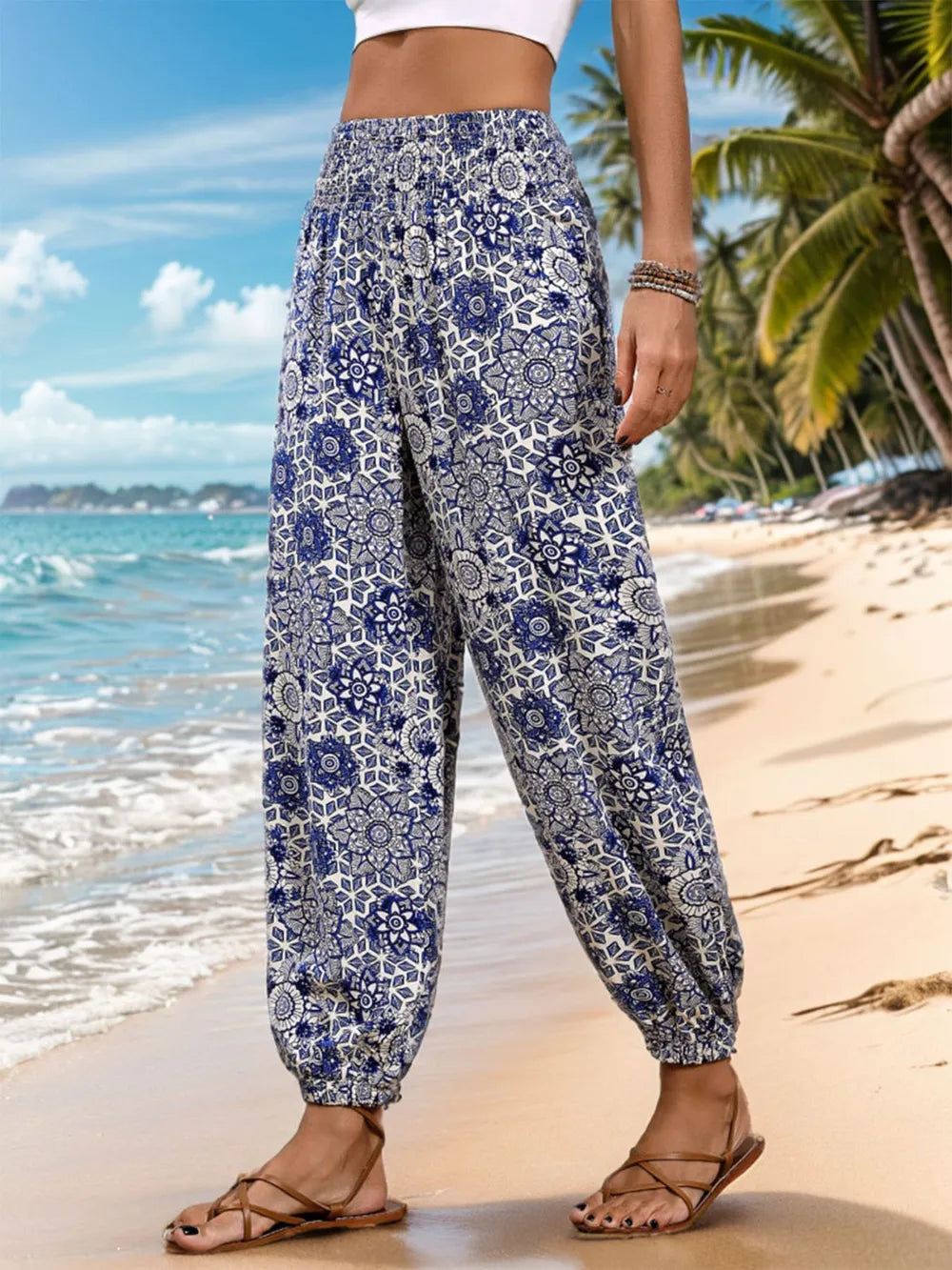 Blue Printed Elastic Waist Pants - Tigbul's Variety Fashion Shop