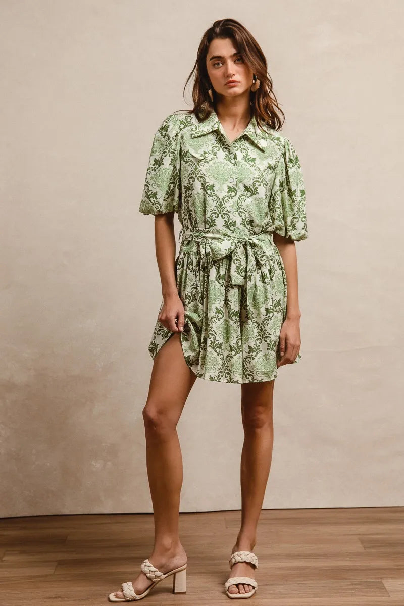 BiBi Tied Floral Short Sleeve Mini Shirt Dress - Tigbul's Variety Fashion Shop