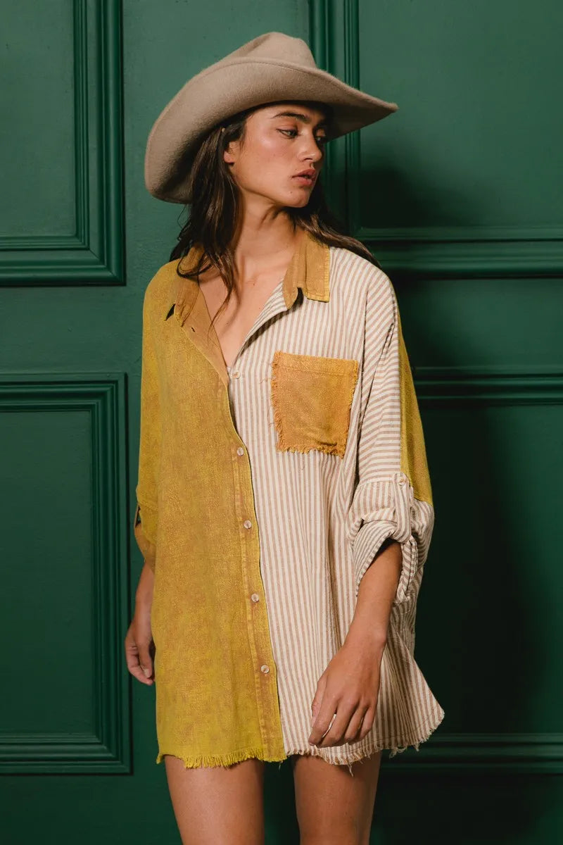 Washed Raw Hem Shirt - Tigbul's Variety Fashion Shop