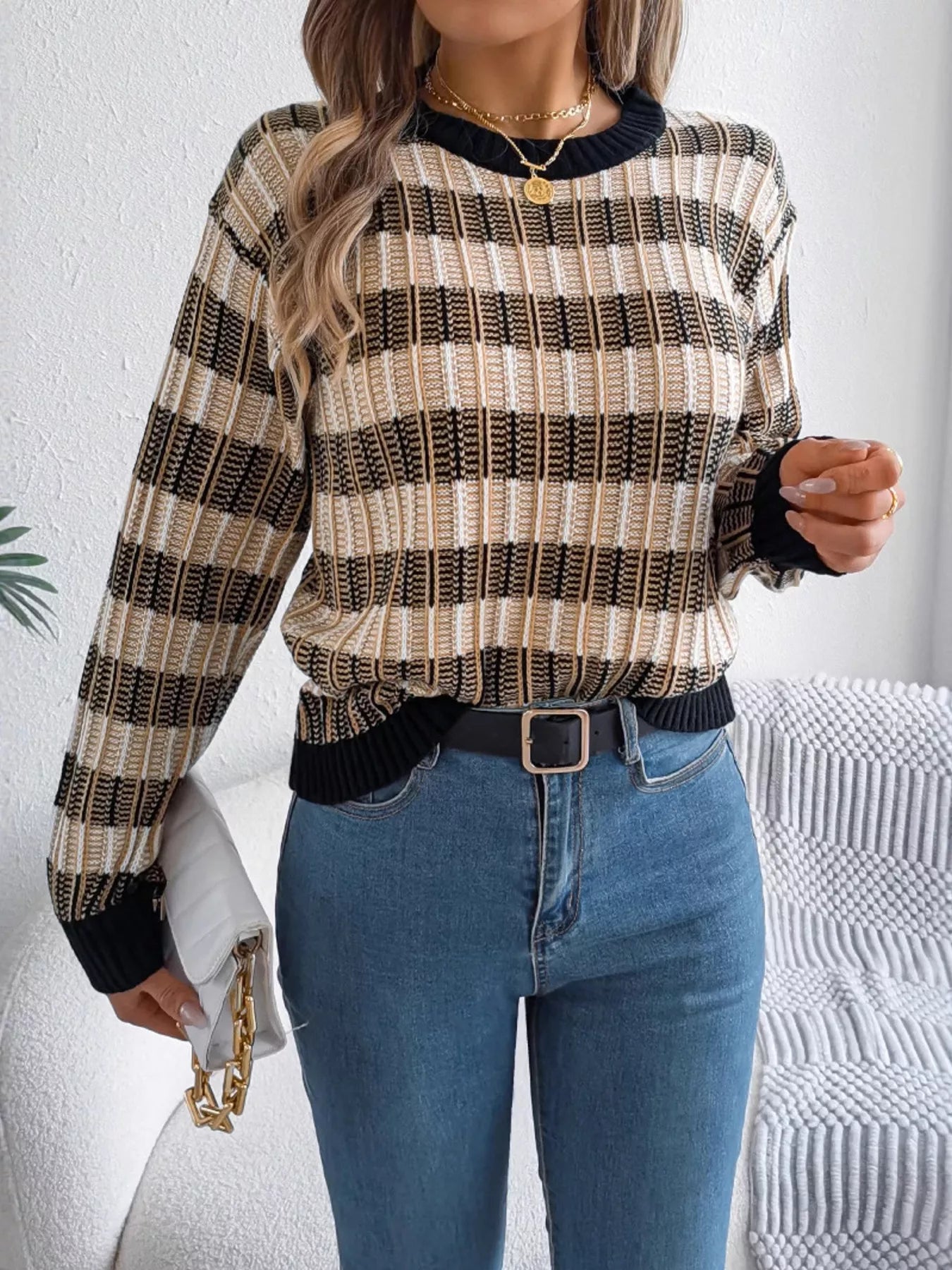 Striped Round Neck Long Sleeve Sweater - Tigbul's Variety Fashion Shop