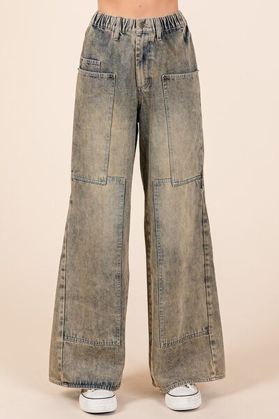 Denim Washed Wide Leg Jeans with Pockets - Tigbul's Variety Fashion Shop