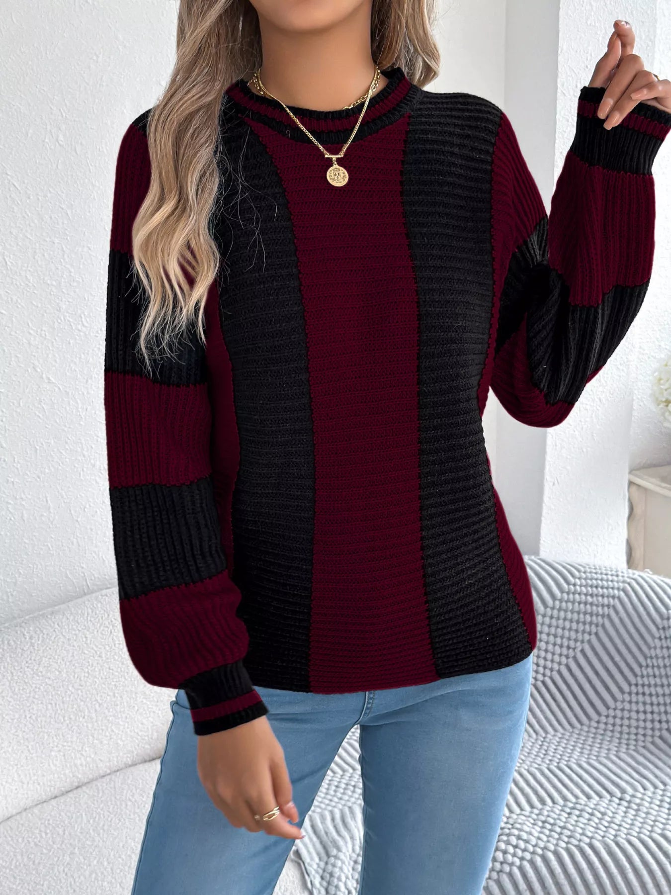 Color Block Round Neck Sweater - Tigbul's Variety Fashion Shop