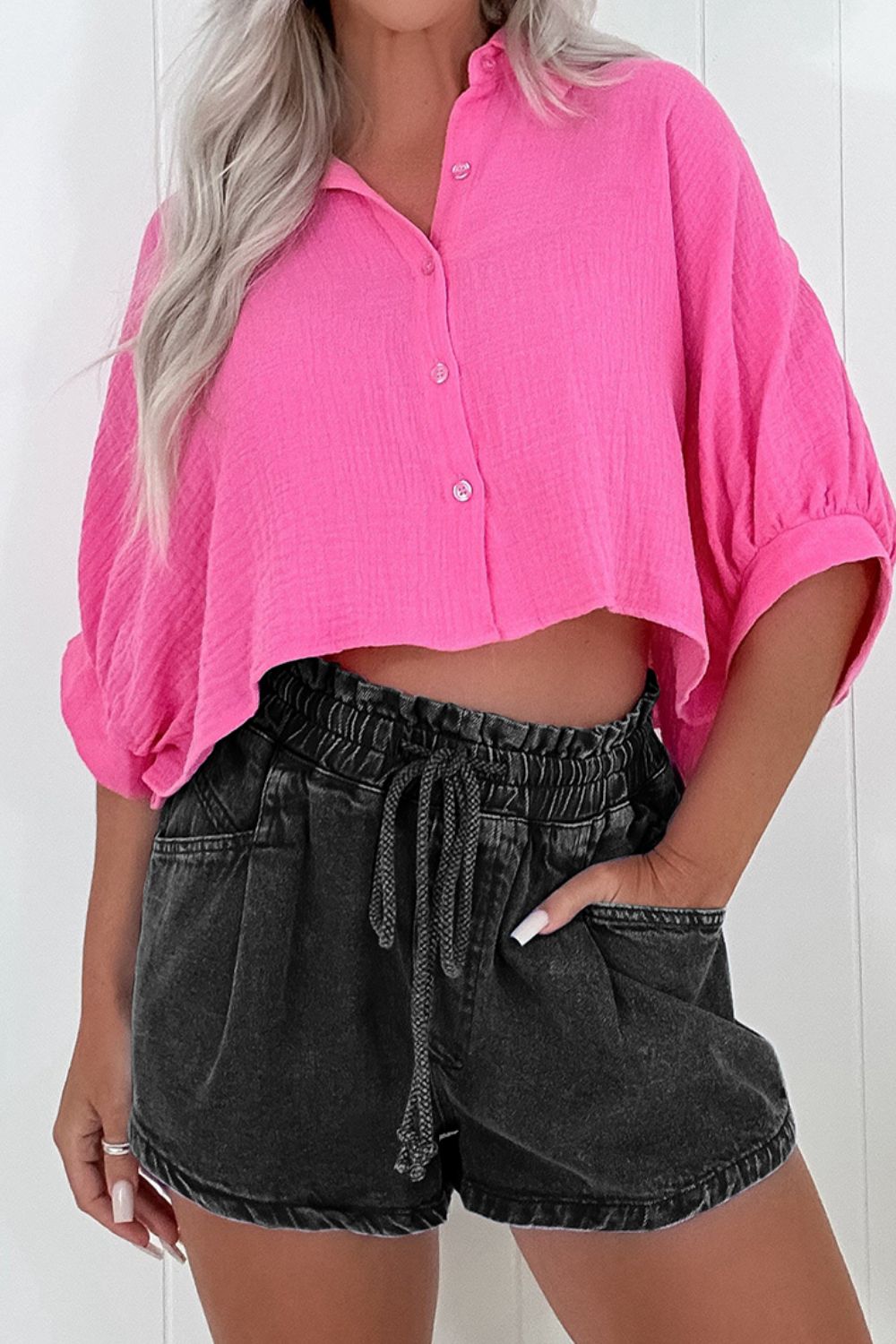 Drawstring High Waist Denim Shorts with Pockets - Tigbul's Variety Fashion Shop