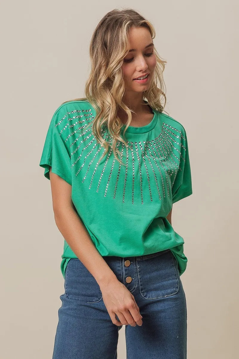 Rhinestone Beaded Short Sleeve Jade Green Top - Tigbul's Variety Fashion Shop