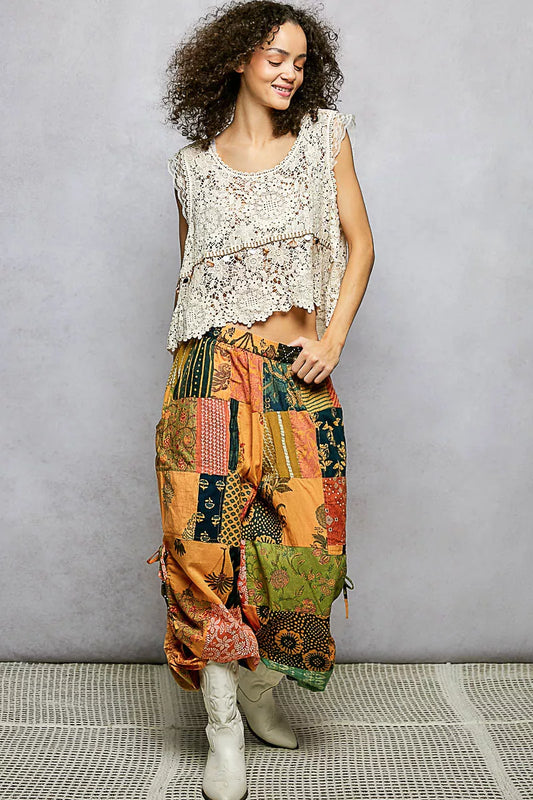 Printed Patchwork Wide Leg Pants with Adjustable Side Drawstring - Tigbuls