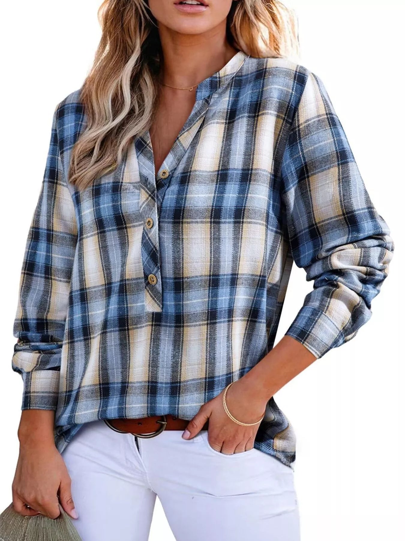 Plaid Half Button Long Sleeve Blouse - Tigbul's Variety Fashion Shop