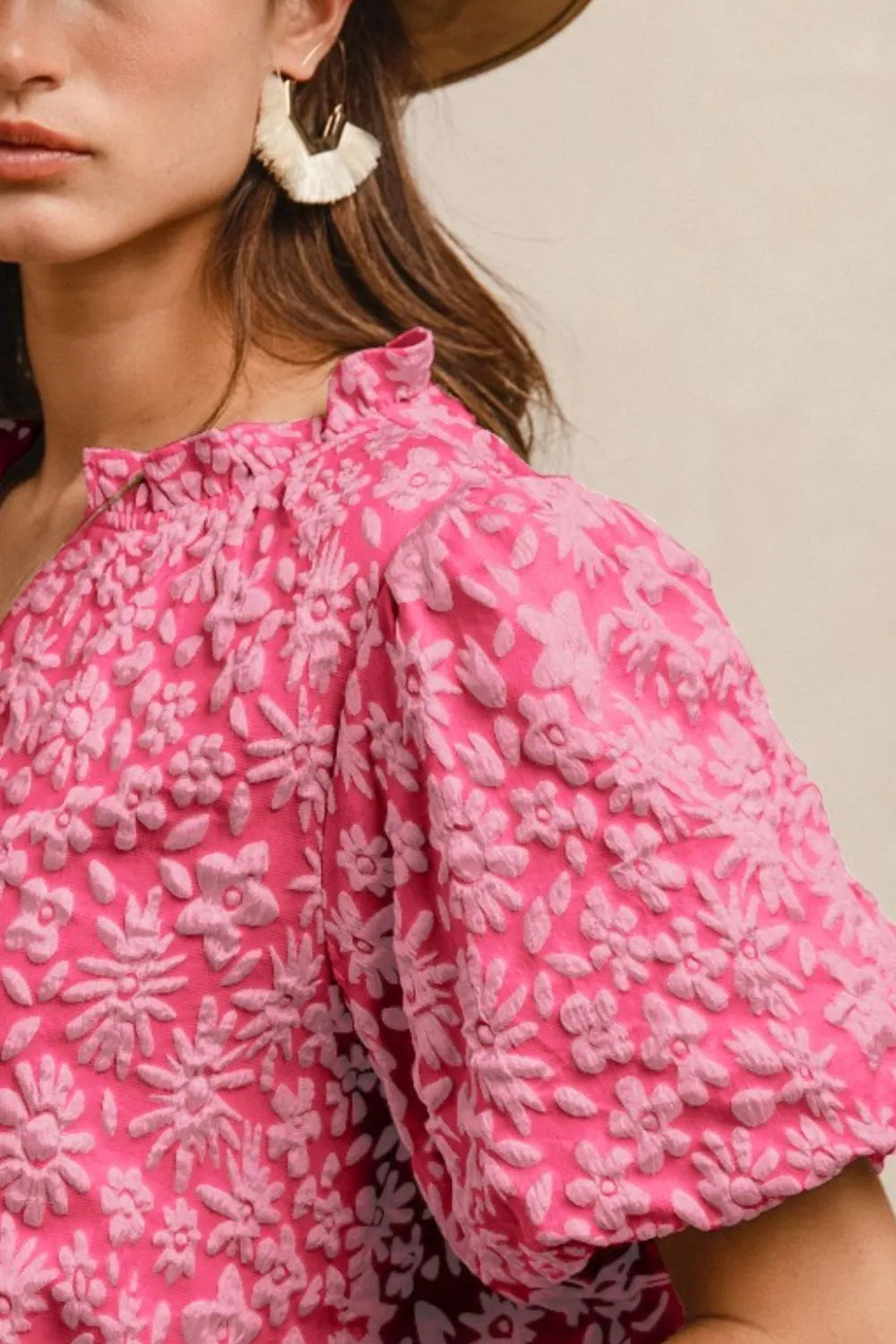BiBi Floral Pattern Texture Short Balloon Sleeves Ruffled Blouse - Tigbul's Variety Fashion Shop