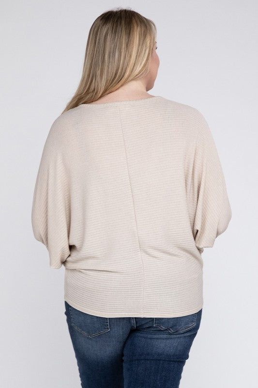 Plus Ribbed Batwing Long Sleeve Boat Neck Sweater - Tigbul's Variety Fashion Shop