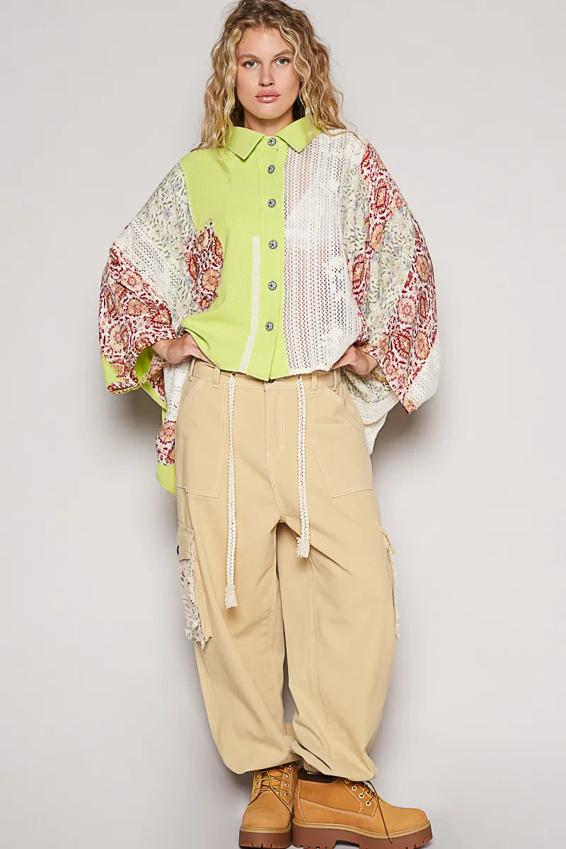 POL Thermal and Crochet Lace Mix Shirt with Floral Pattern - Tigbul's Variety Fashion Shop