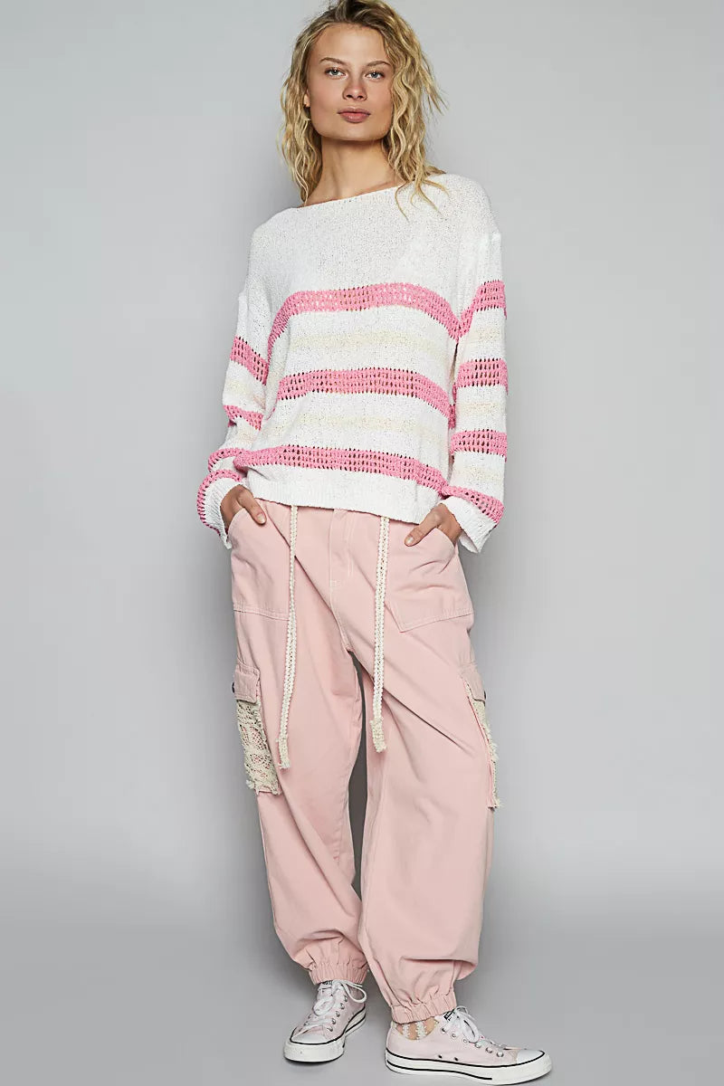 POL Striped Openwork Round Neck Knit Top - Tigbul's Variety Fashion Shop