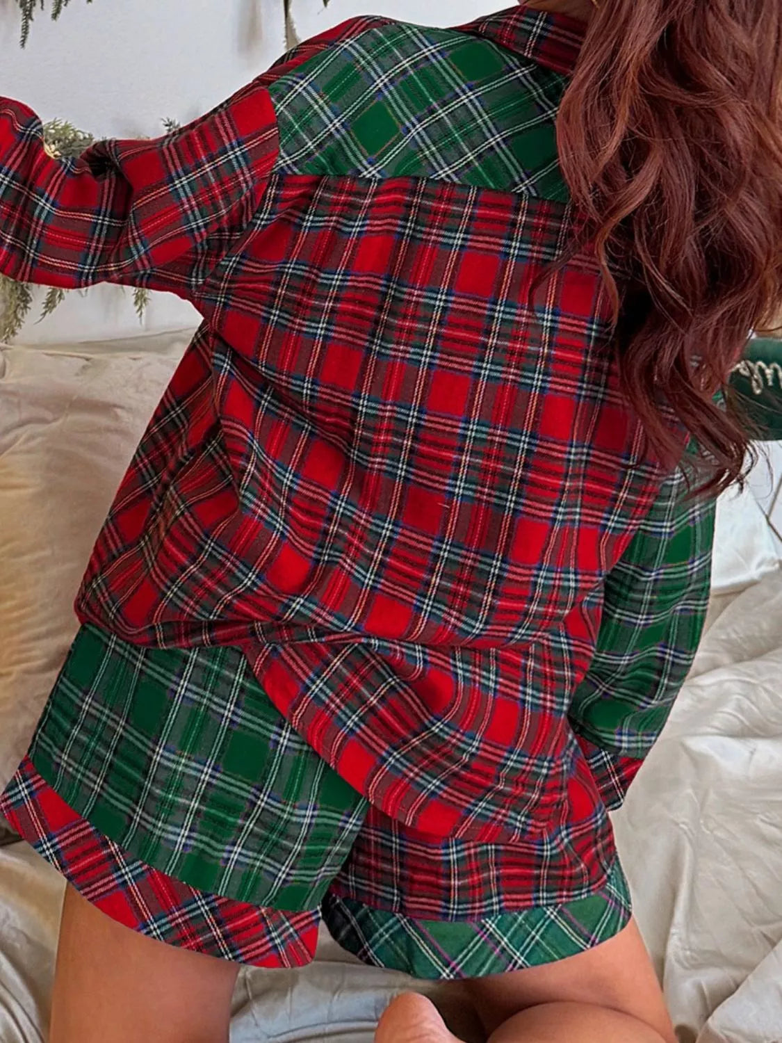Plaid Contrast Patched Christmas Holiday Long Sleeve Shirt and Short 2pcs Pajama Set - Tigbul's Variety Fashion Shop