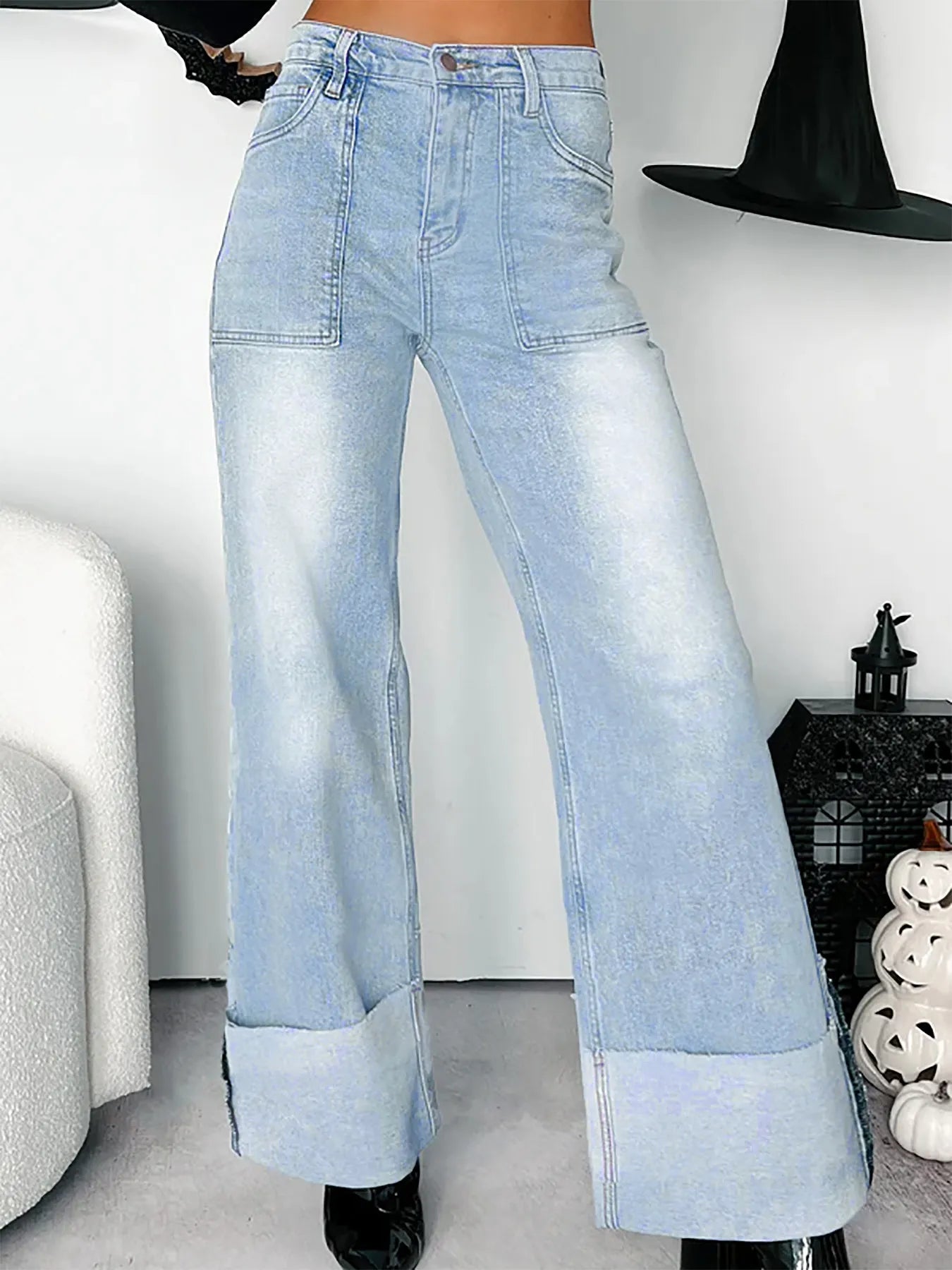 High-Waisted Wide-Leg Jeans with Cuffed Hem - Tigbul's Variety Fashion Shop