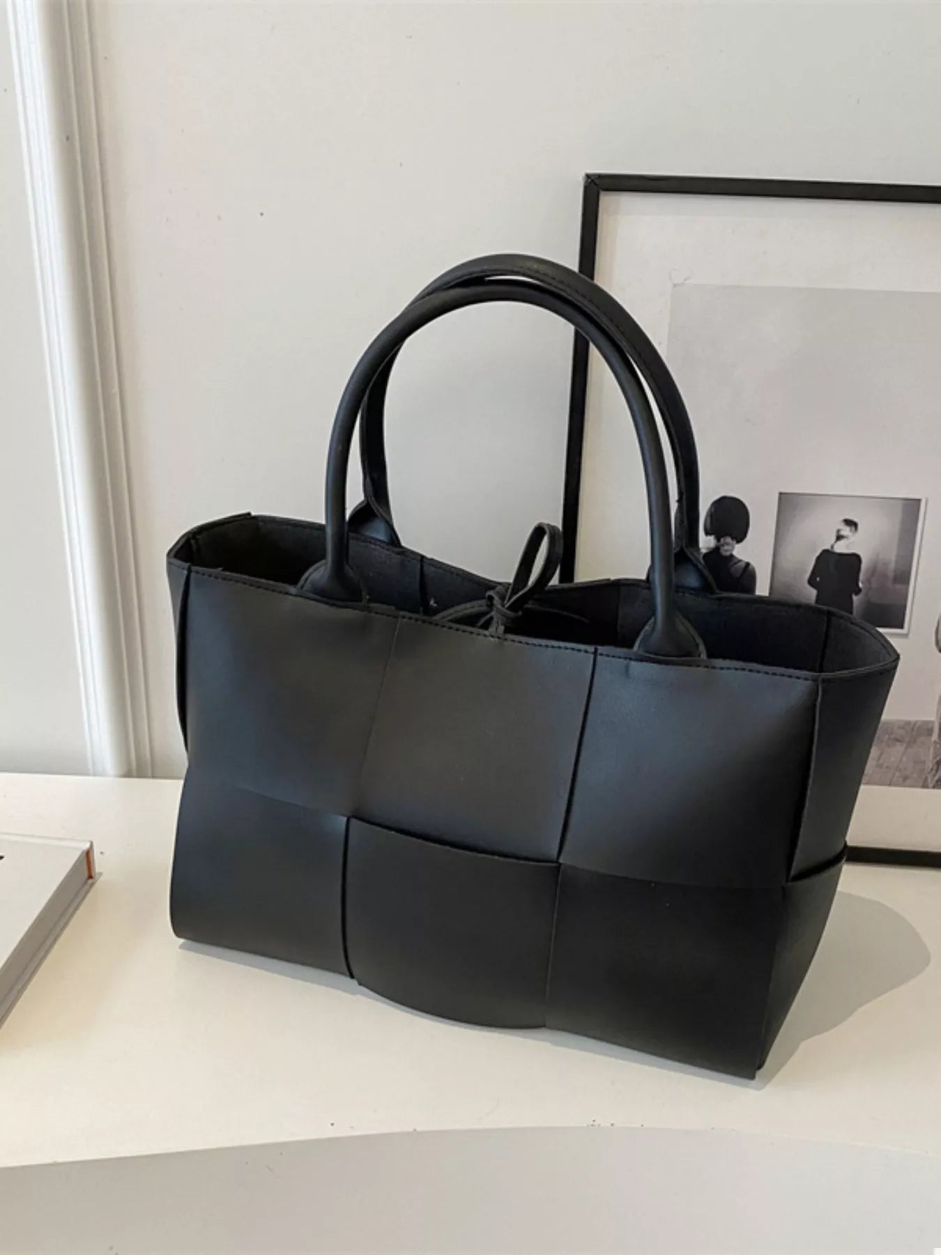 Woven Faux Leather Tote Bag - Tigbul's Variety Fashion Shop