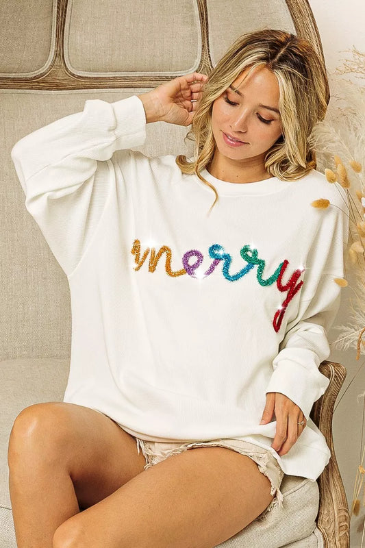 BiBi Merry Tinsel Lettering Drop Shoulder Sweatshirt - Tigbul's Variety Fashion Shop