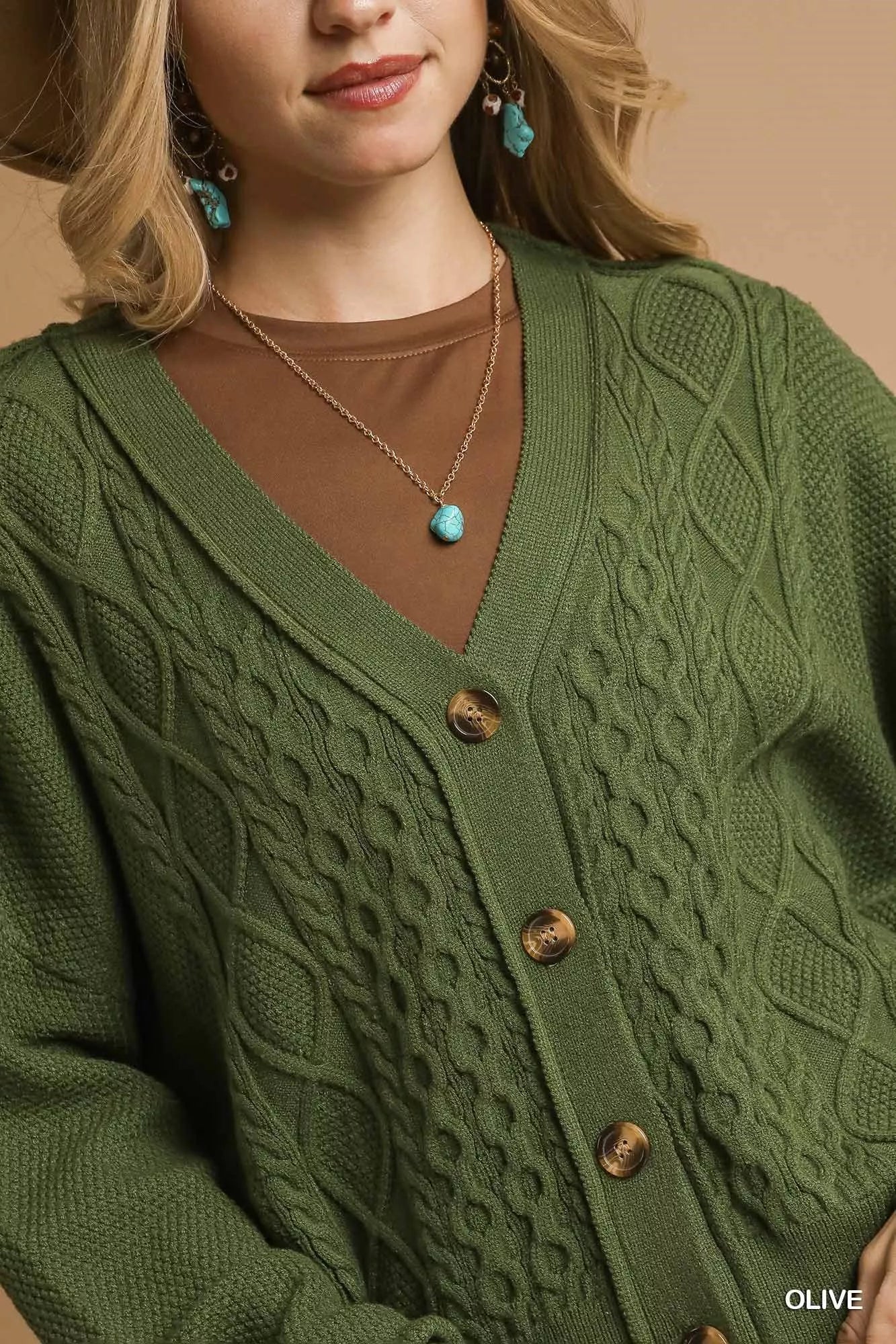 Olive Green Chunky Cable Knit V-Neck Button-Up Cardigan - Tigbul's Variety Fashion Shop