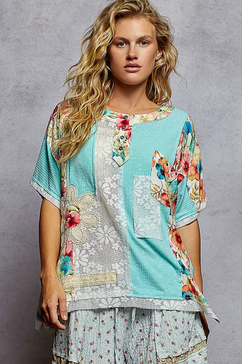 POL Lace Round Neck Short Sleeve Floral Pattern Top with Patch Detail - Tigbul's Variety Fashion Shop