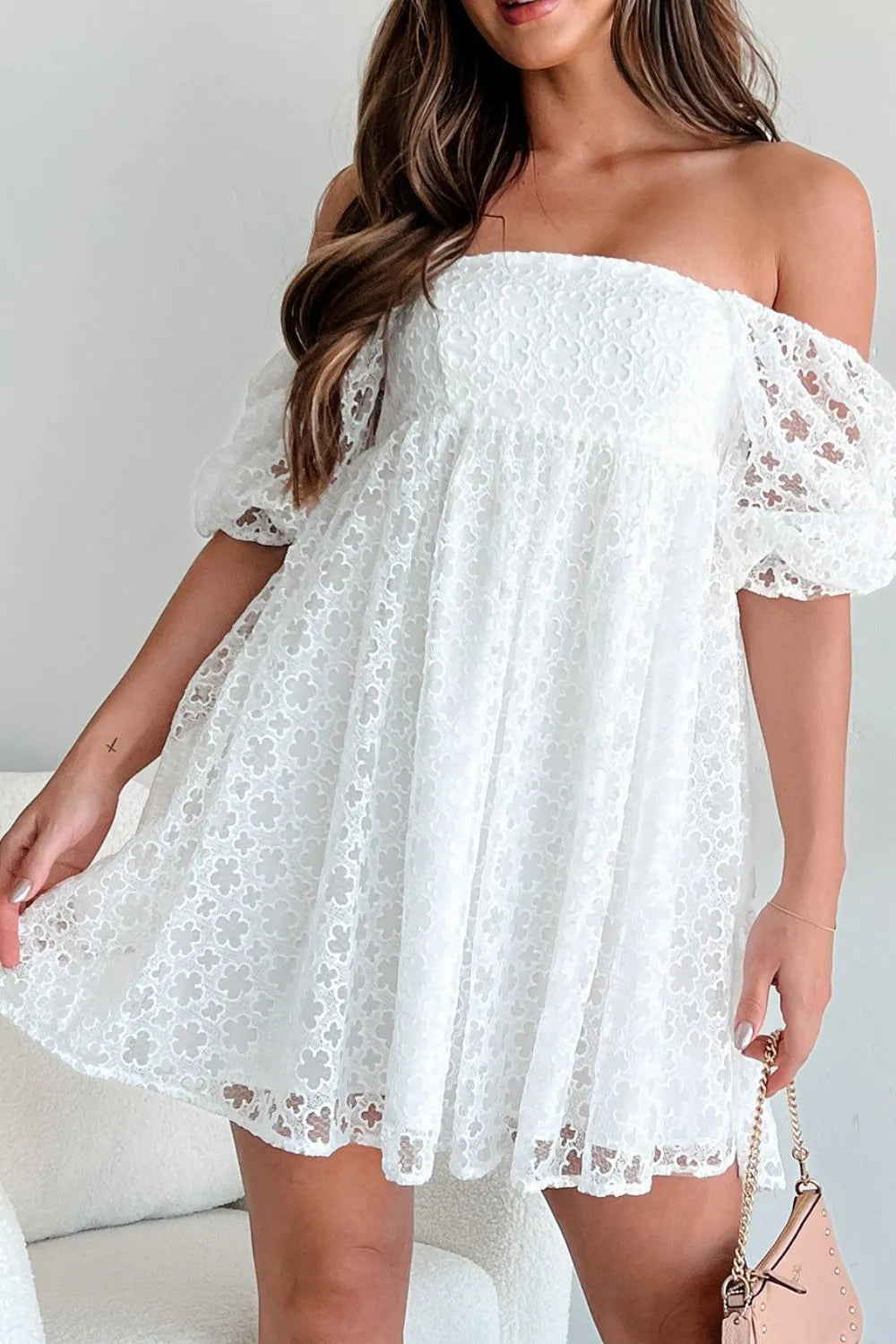 Lace Puff Sleeve Empire Waist Mini Dress - Tigbul's Variety Fashion Shop