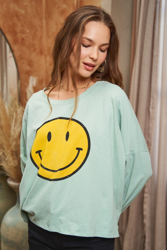 SMILEY FACE LONG SLEEVE CROP TOP - Tigbul's Variety Fashion Shop