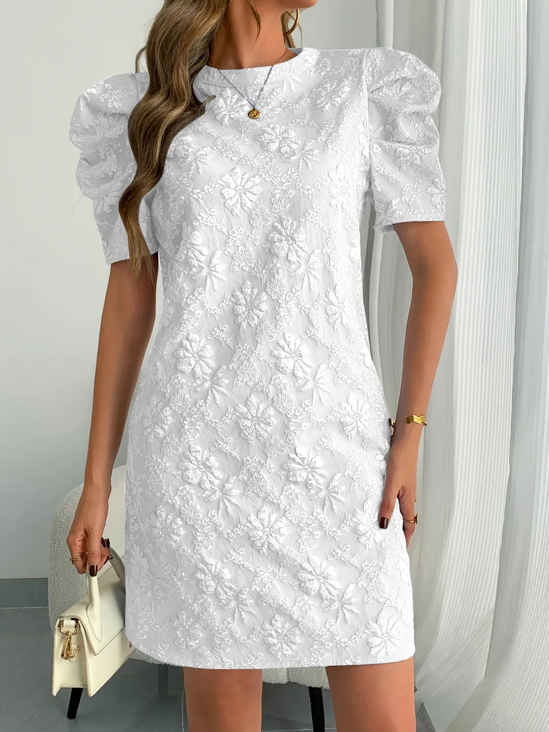 Round Neck Puff Short Sleeve Mini Dress - Tigbul's Variety Fashion Shop