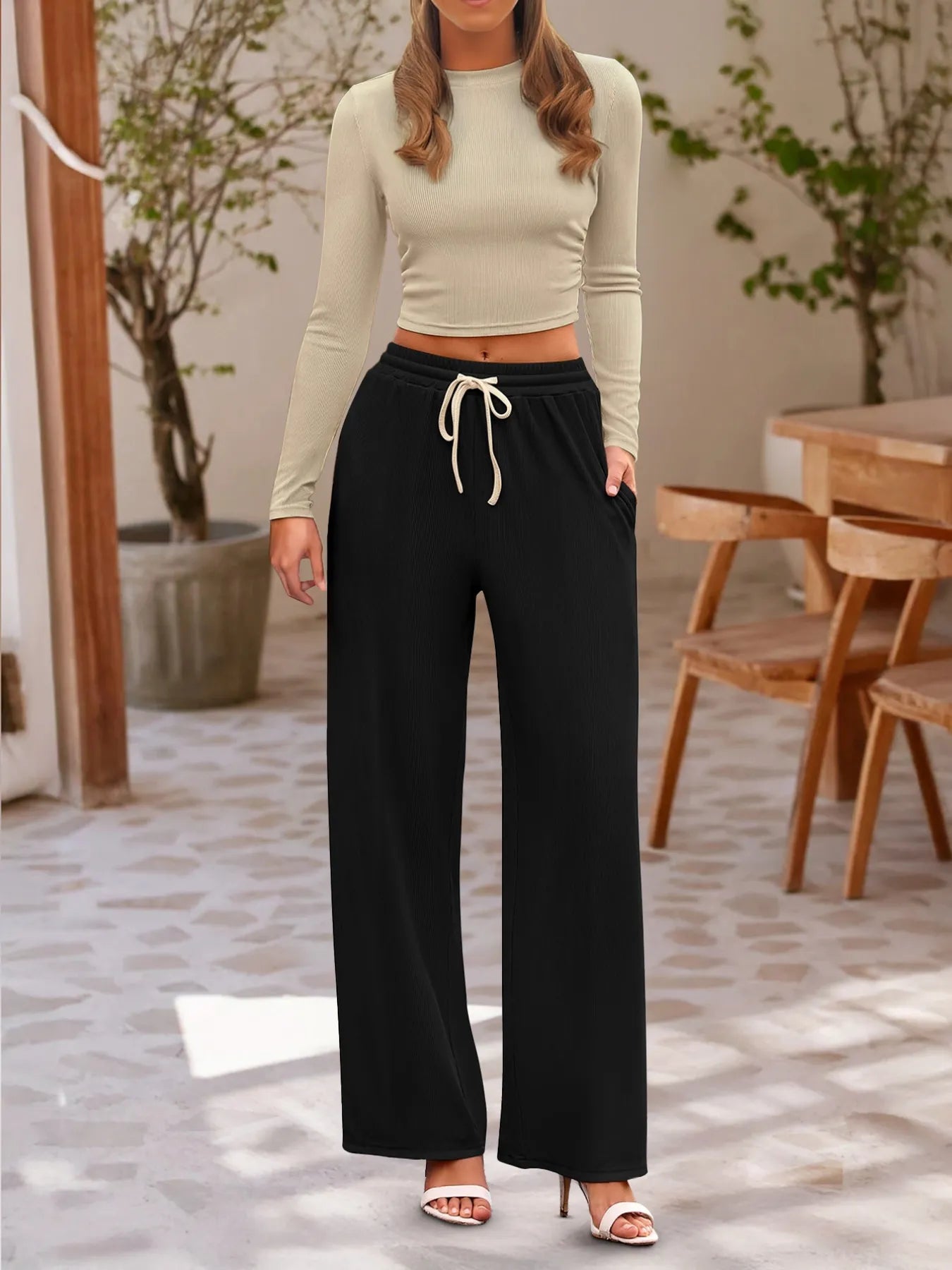 Round Neck Long Sleeve Top and Pants Set - Tigbul's Variety Fashion Shop