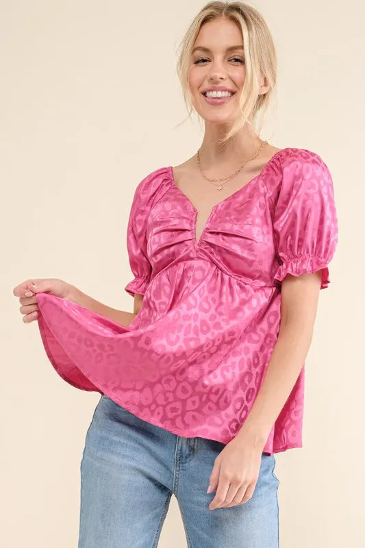 Fuchsia Satin Leopard V Wired Puff Sleeves Blouse - Tigbul's Variety Fashion Shop