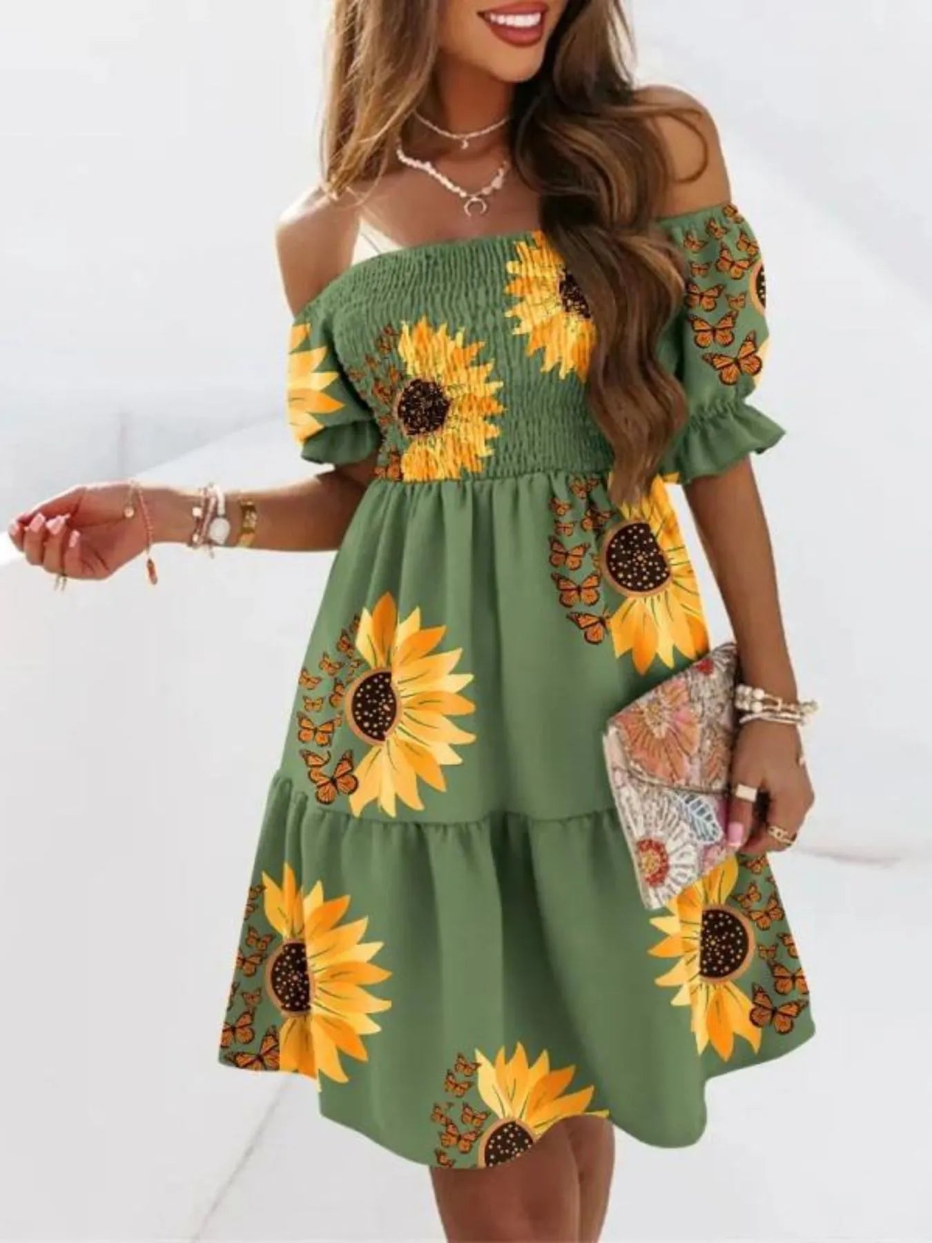 Off Shoulder Smocked Summer Dress - Tigbul's Variety Fashion Shop