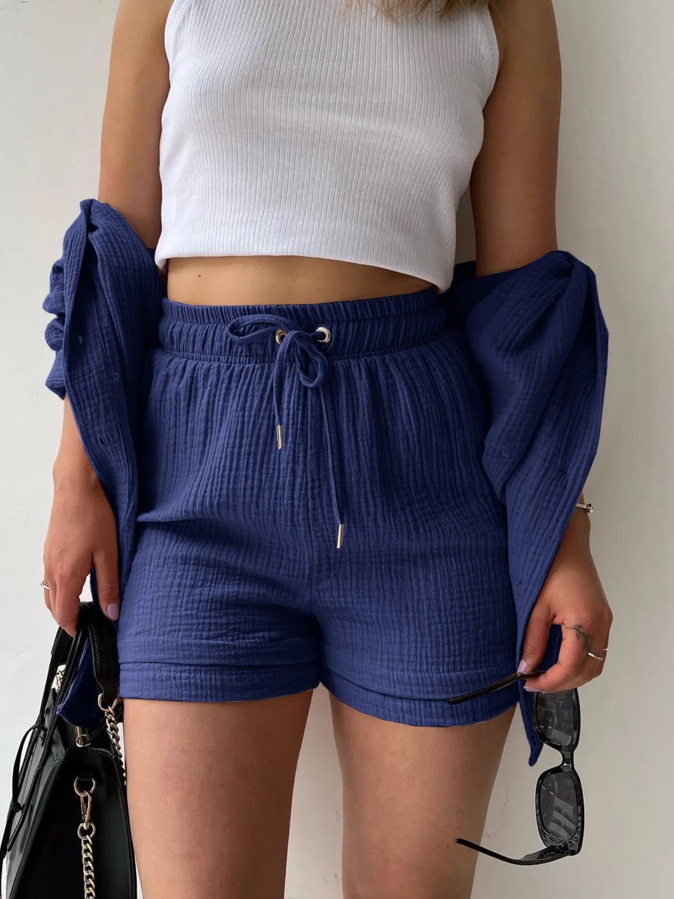 Textured Button Up Shirt and Shorts Set - Tigbul's Variety Fashion Shop