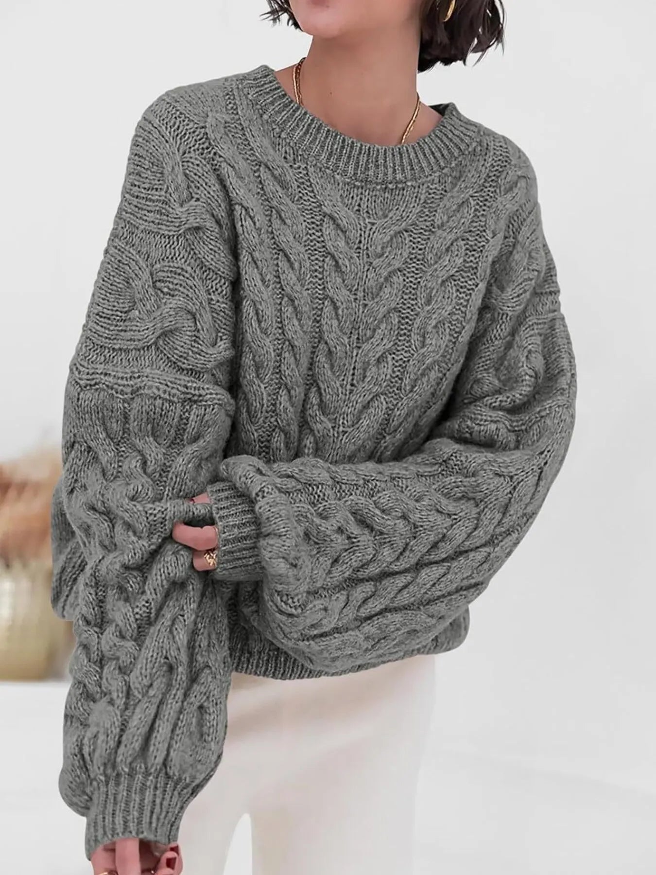 Cable Knit Long Sleeve Sweater - Tigbul's Variety Fashion Shop
