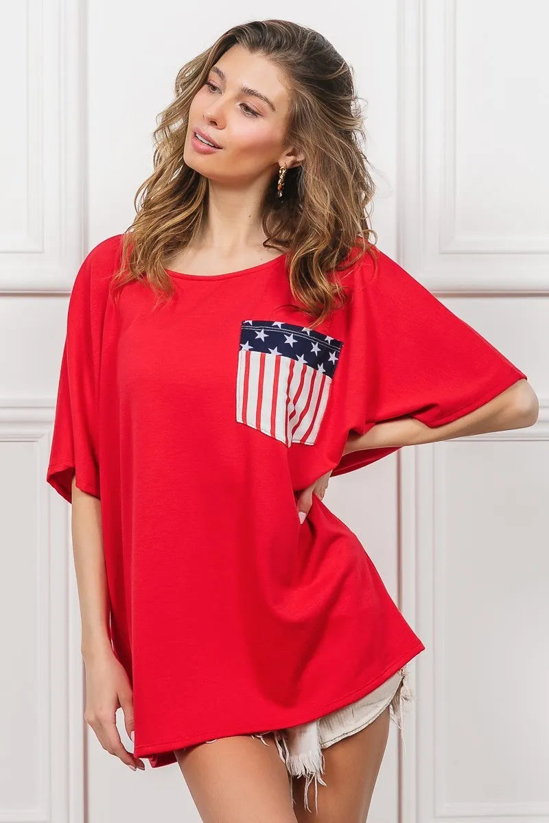 Red French Terry With Front Pocket Dolman Sleeves Top - Tigbul's Variety Fashion Shop
