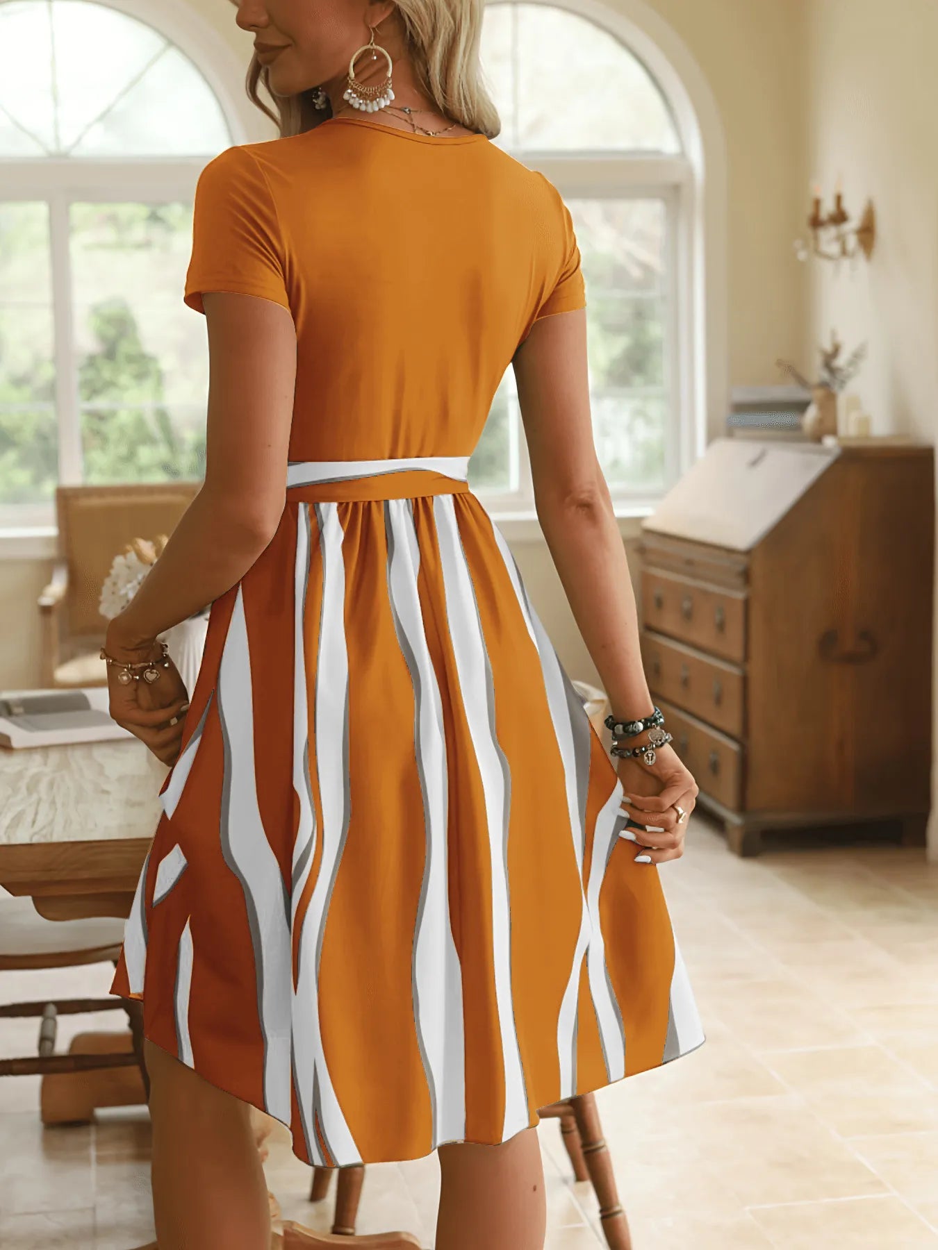 Striped Short Sleeve Tie Waist Dress - Tigbul's Variety Fashion Shop