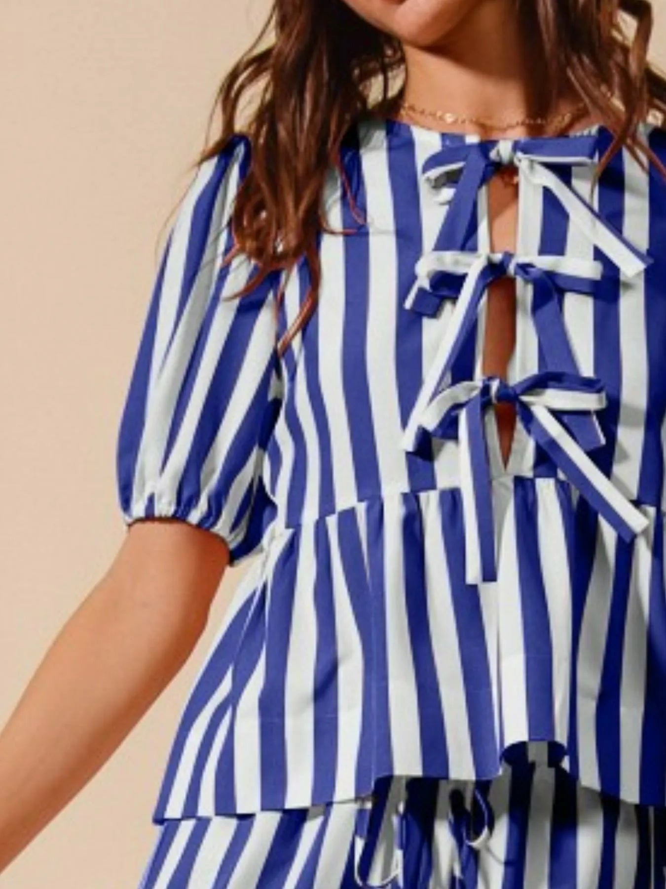 Front Tie Stripe Puff Sleeves Top and Wide Leg Pants Set - Tigbul's Variety Fashion Shop