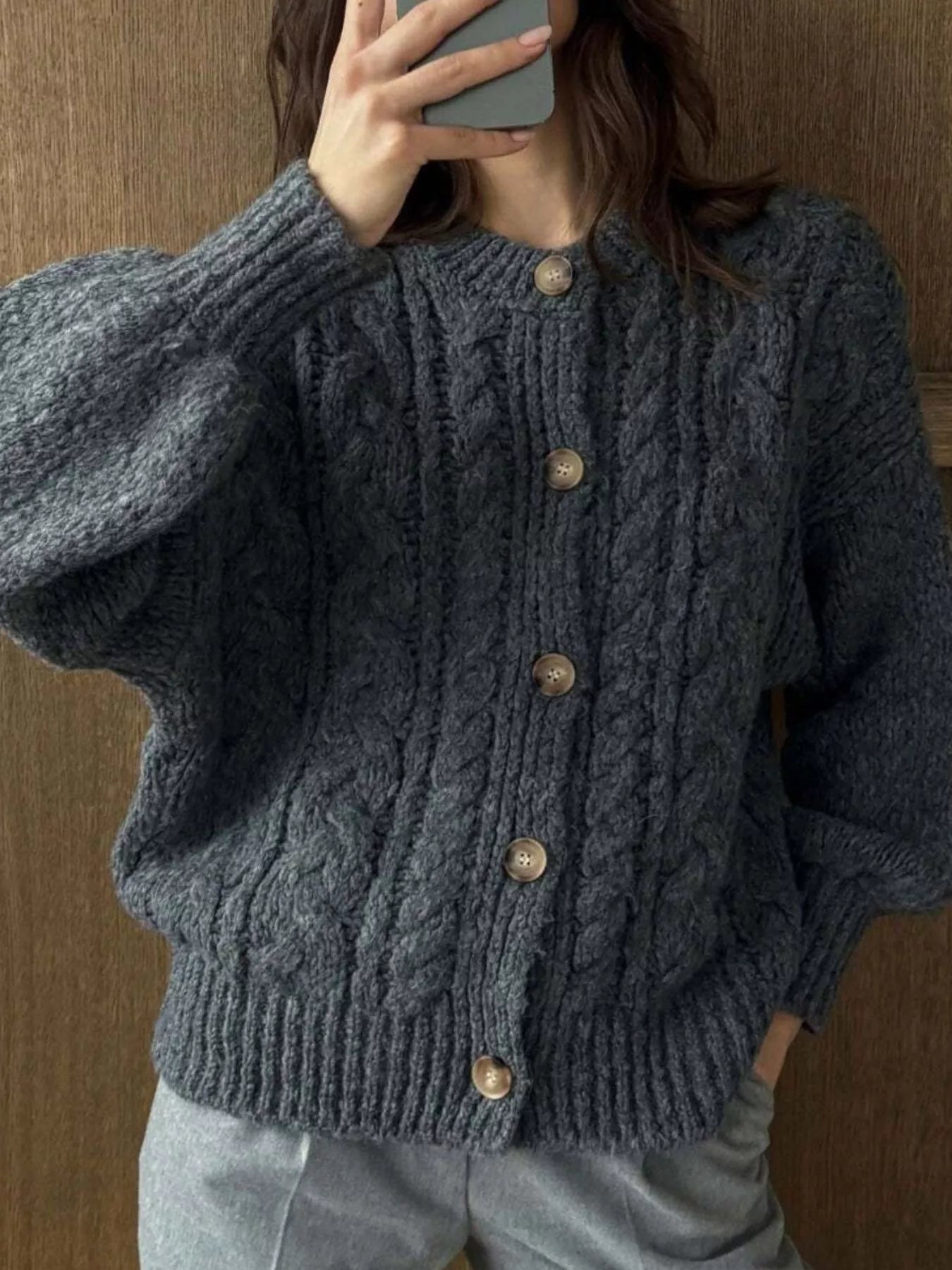 Cable Knit Button-Down Cardigan - Tigbul's Variety Fashion Shop