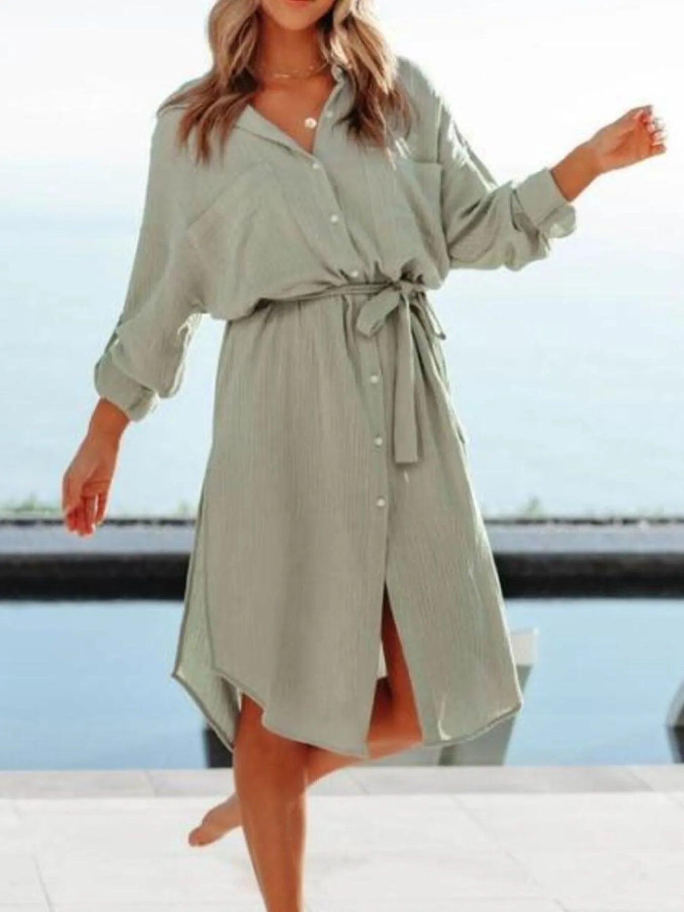 Button Down Tie Waist Shirt Dress - Tigbul's Variety Fashion Shop