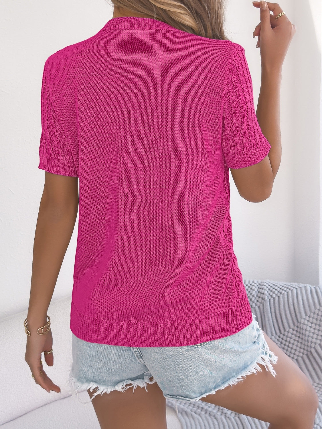 Cable Knit Button Down Short Sleeve Cardigan - Tigbul's Variety Fashion Shop
