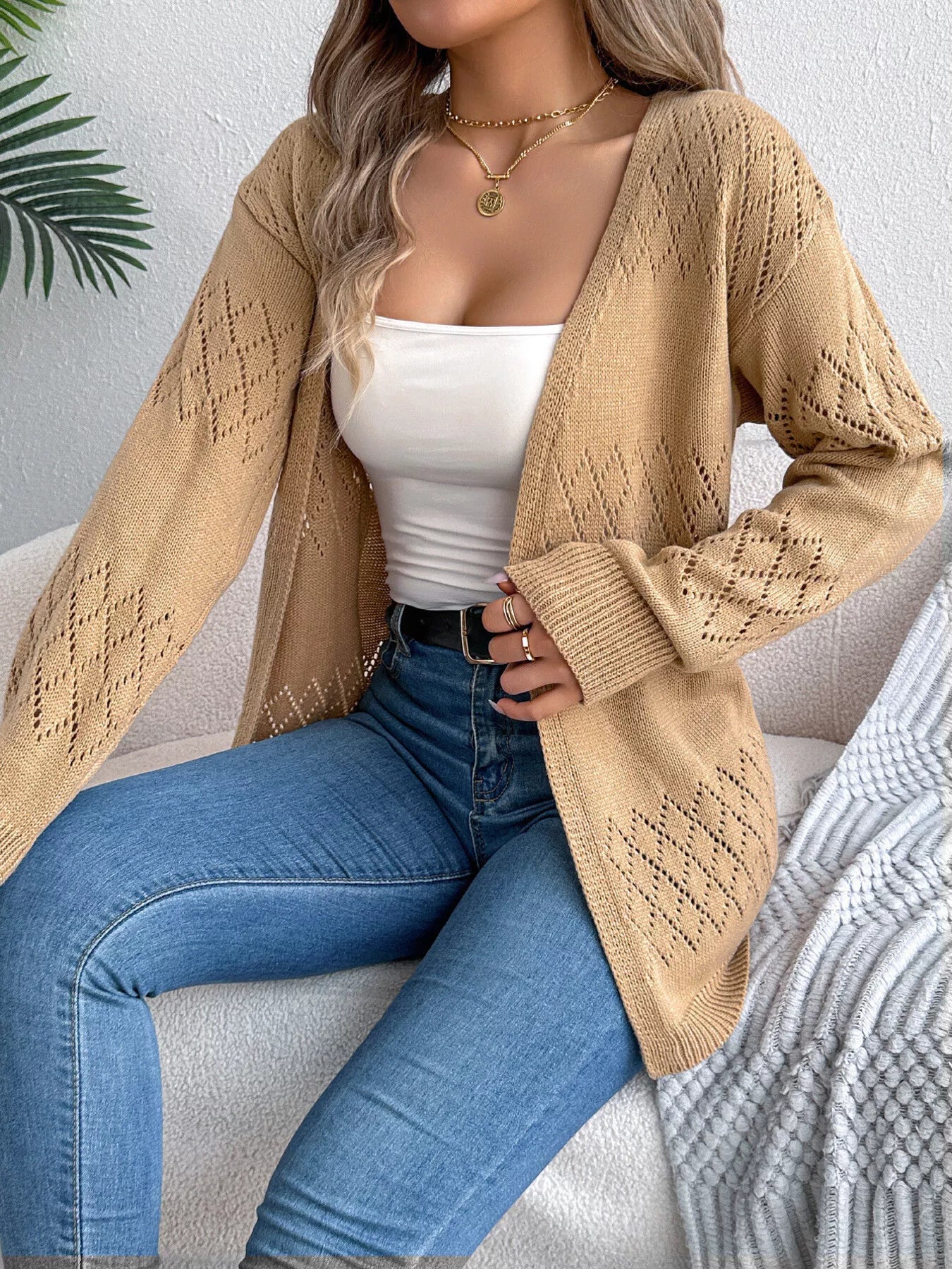Openwork Open Front Long Sleeve Cardigan - Tigbul's Variety Fashion Shop