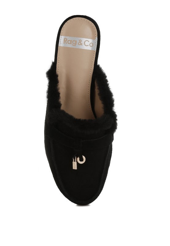 Bosnia Suede & Faux Fur Slip On Mules - Tigbul's Variety Fashion Shop