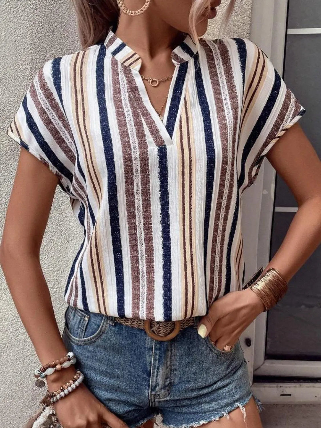 Striped Notched Short Sleeve Shirt - Tigbul's Variety Fashion Shop