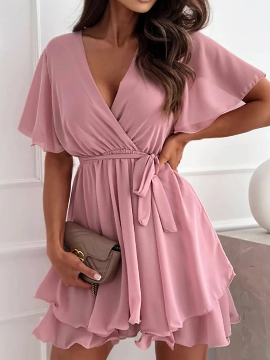 Surplice Flutter Sleeve Mini Dress - Tigbul's Variety Fashion Shop