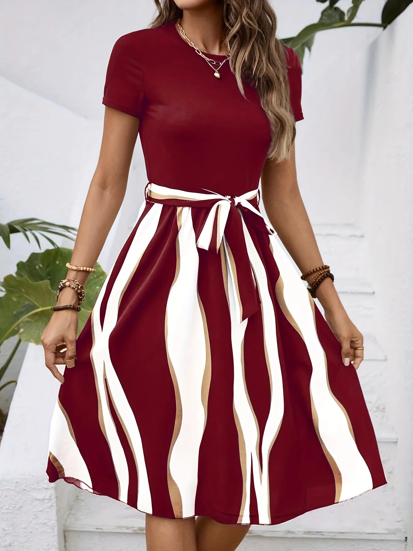Striped Short Sleeve Tie Waist Dress - Tigbul's Variety Fashion Shop